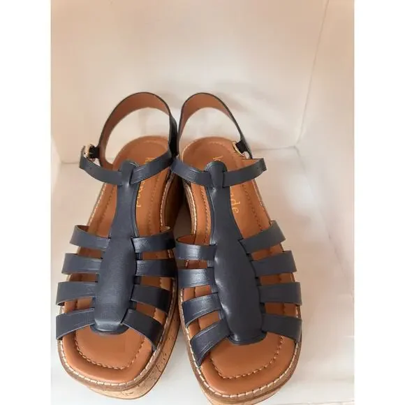 Kate Spade Retro Mabel Navy Leather Platform Wedge Peep Toe Sandals 8.5 - Picture 10 of 11